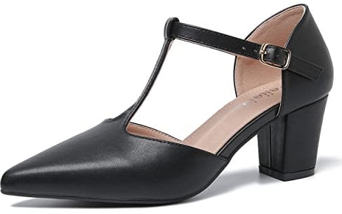 Womens T Strap Mary Jane Shoes Chunky Block Heel Pointed Toe Ankle Strap Buckle Dress Pumps, Matte Black, 9.5