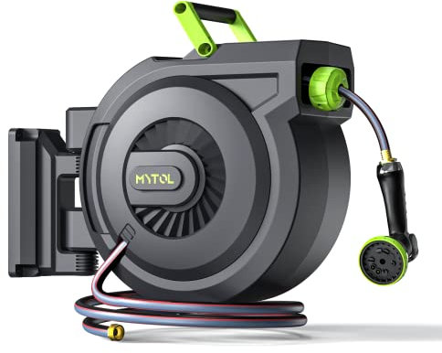 MYTOL Einziehbare Gartenschlauchtrommel 1.6 cmx25 m + 1.8 m Wandmontage Wasserschlauch Reel mit automatischem Slow Rewind System, 180° drehbare Halterung, ideal für einfache Bewässerung