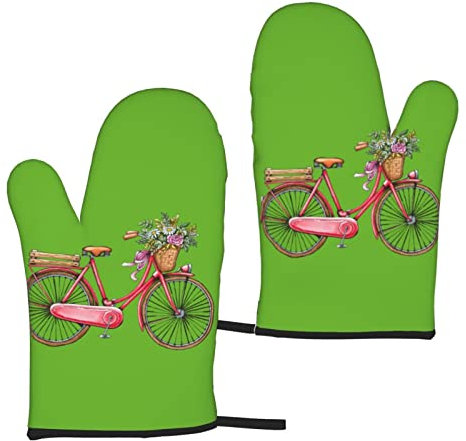 Retro Red Bicycle Microwave Gloves 2-Piece Set, Waterproof Insulated Gloves Set Oven Gloves for Kitchen Baking Cooking Grilling