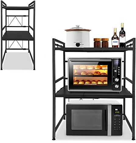 AufuN Erweiterbares Mikrowellen Regal 3-stufiges Mikrowellenständer mit 3 Haken zum Aufhängen, Stauraum für Küchentheke, Organizer, Druckerständer (44-60cm, Schwarz)