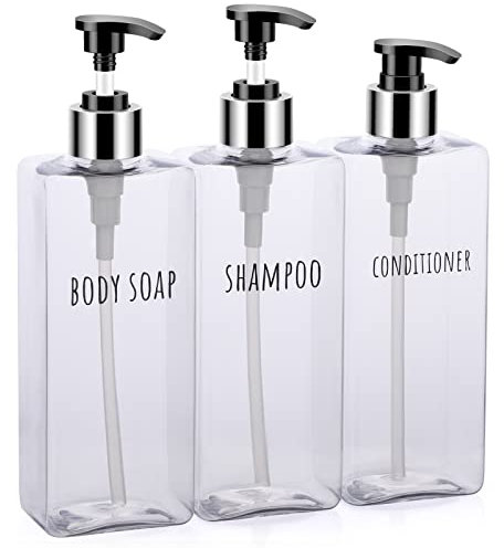 Segbeauty 3pcs Clear Soap Dispenser,16.9oz Refillable Shampoo Conditioner Bottle,500ml Empty Plastic Square Body Wash Dispenser for Shower Bathroom Press Pump Bottle Liquid Container (SBFBA161076)