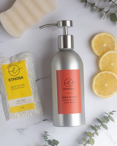 Ethosa 400ml Body Wash Refill Kit - Natural Shower Gel With Shea Butter and Hemp Oil - Bath Set Includes x1 Konjac Sponge, Aluminium Refillable Bottle, Powder Sachet, Dry Skin Eucalyptus and Citrus