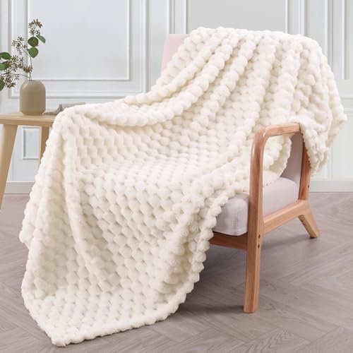 Exclusivo Mezcla Coperta Plaid Pile di Flanella per Divano, 130x170 CM Coperta Letto Singolo con Elegante Jacquard, Morbida e Calda, Bianco