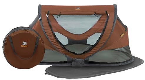 Deryan Kleinkind Reisebett mit Matratze ab Geburt bis 4,5 Jahre - Pop Up Kleinkindbett Babyzelt in 2 Sekunden aufgestellt - inkl. Moskitonetz & Reisetasche - 136x84x62cm (Caramel)