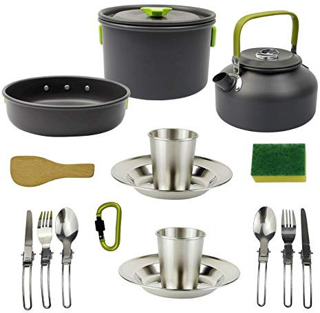 Bumdenuu 16 StüCke Set Camping Utensilien Geschirr Kochgeschirr Set Picknick Wandern WäRmetauscher Topf Wasserkocher Draussen Tourismus Geschirr