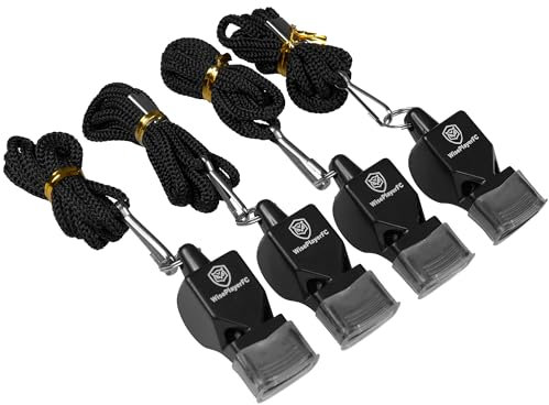 WISEPLAYERFC Trillerpfeifen für Fußballtrainer - 4 Schwarze Schiedsrichterpfeifen mit Schnur und Tasche.