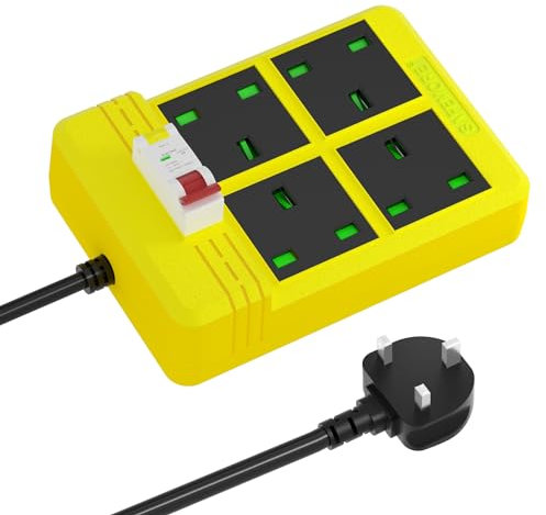 Heavy duty extension lead GFCI Surge Protection, SAFEMORE RCD extension lead With 3m Heavy duty Cable, 4 Gang 3680W, Plug Power Strip for Workshop/Garage/indoor - Yellow