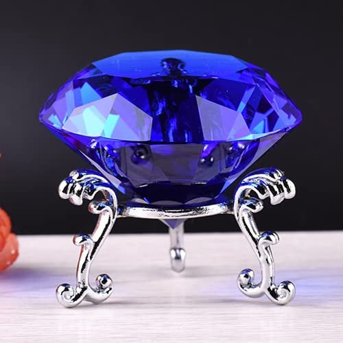 60 mm großer Kristall-Diamant-Briefbeschwerer mit Metallständer, Diamantförmiger Kristallschmuck, Briefbeschwerer, Glas, Edelstein-Mittelstücke, Dekoration für Zuhause, Büro, Hochzeit (Blau mit