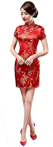 EXPOING Qipao Robe Cheongsam traditionnelle chinoise à manches courtes en brocart pour femme Motif dragon phénix, Rouge, X-Large (Tag-Chinese Size 3XL)