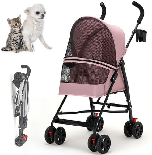 RUYICZB Passeggino Leggero per Cani, Carrello per Cani A 4 Ruote, Passeggino per Cani 10Kg, Pieghevole Carrozzina per Animali Domestici, Struttura A Ombrello Passeggino per Cani Gatto,Rosa