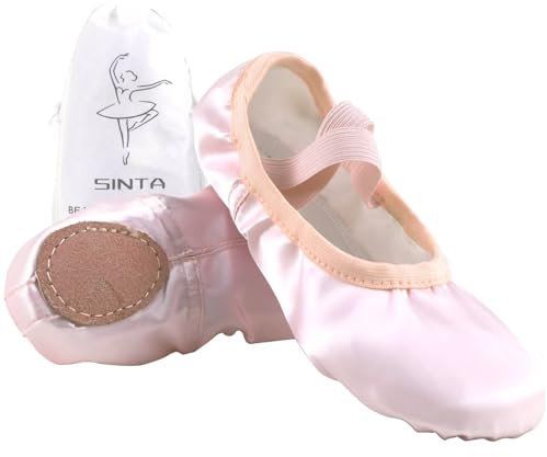 Sinta Ballet Shoes Satin Professional Dance Slipper Yoga Gymnastic Slippers Ballet Flat Leather Split Sole for Tolder Girls Women,Skin UK Child 13