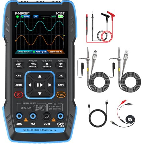FNIRSI 2c23t Digital Oscilloscope Multimeter DDS Generator 3 in 1, 2 Channel, 10mhz Bandwidth, 50msa/s Sample Rate, 10000 Counts, Voltage, Current, Capacitor, Resistor, T