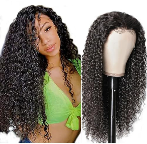 AiPliantfis Human Hair WIg Curly Wave Echthaar Perücke Schwarz Frauen 4x1 Lace Wig T Part Wig Perücke Damen with Natural Hairline Brazilian Remy Hair Wig Human Wig 28 Inch