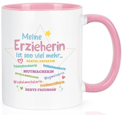 Joymaking Dankeschön Geschenke für Erzieherin Abschiedsgeschenk Kaffee Tasse - Meine Erzieherin ist soo viel mehr - Erzieherin Geschenk zum Abschied Kindergarten Abschiedsgeschenk, 320ml Rosa