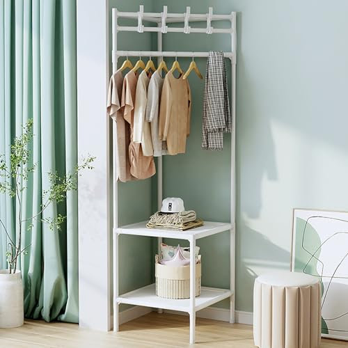 Sobeta Portant à Vêtement, Porte-manteaux, Portant a Vetement avec 3 étagères, Vintage Vestiaire avec 4 Crochets, pour vêtements, Chapeaux, Sacs white,2 layers