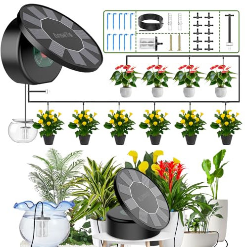AnseTo Sistema di Irrigazione Solare per Terrazze da Giardino, Kit di Irrigazione Automatica Solare per Fioriere e Serre Sistema di Irrigazione Automatica con 9 Programmi di Irrigazione