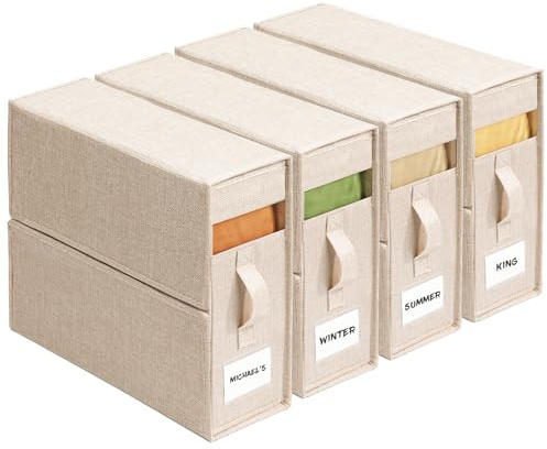 4 Pack Sheet Storage Box (King & Queen Size) with handle, Foldable Sheet Set Organizer for Closet, Sheet Organizer for Blanket, Coverlet and Towel, Beige