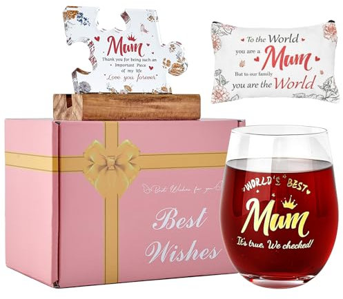 JOONYOEE Mum Birthday Gifts from Daughter/Son, Personalised Stemless Red Wine Glasses Gift Sets for Mothers Her, Ideas Christmas Birthday Presents for Step Mum Mummy,19 Oz