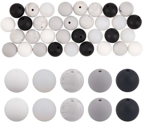 SOFPLATE 75Pcs 1Box 5 Colors 15mm Silicone Beads Bulk White Silicone Beads Soft Rubber Black White Light Grey Round Chunky Loose Bead Bulk for jewellery Making DIY Beaded Keychain Crafting Supplies
