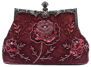 CORIOS Vintage 1920s Abendtasche Floral Clutch Tasche Damen Handgemachte Perle Handtasche Elegante Schultertasche Kette Umhängetasche Klein Tasche Hochzeit Bankett-Party Abschlussball Tasche Weinrot