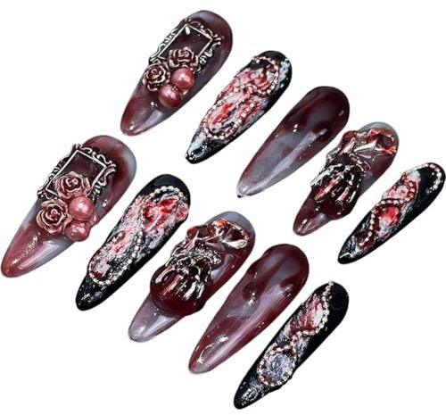 Ongles Longs Stiletto Rouge Foncé, Bâton Noir sur Les Ongles, Colle Amovible sur Les Ongles, Couverture Complète, Ongles Gothiques, Accessoires De Nail Art De Mariée