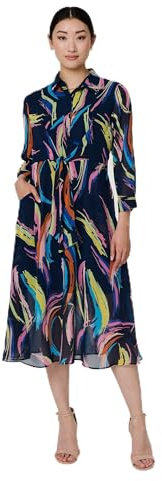 Izabel London Abstract Tie Front Midi Shirt Dress for Women UK with 3/4 Sleeves, a semi Sheer Layer and Pockets. Navy