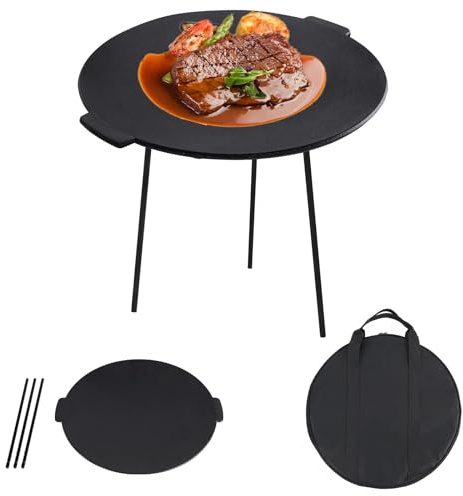 UISEBRT Padella in ghisa, diametro di 45 cm, piastra rotonda con 3 gambe, bruciata per friggere perfettamente, supporto per forno olandese con custodia protettiva