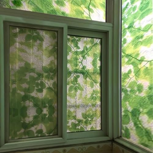 Eiauiuo Fenster Klebefolie Statisch Haftend 3D Fensterfolie mit Grüne Blätter Muster und Welligkeit Milchglasfolie Blickdicht Sichtschutzfolie Selbstklebend Scheibenfolie für Zuhause Büro Sonnenschutz