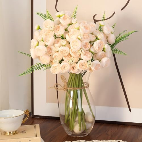 SAHOOTTIE Künstliche Pfingstrosen, Champagner, Ranunkel, Seide, Ranunkel, Blumen für selbstgemachte Blumenstrauß, Hochzeitsblumen für Tafelaufsätze, Arrangements, Brautparty-Dekorationen