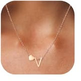 AFSTALR Rose Gold Initial Necklace for Women Stainless Steel V Letter Name Necklace with Tiny Heart Pendant Personalised Necklaces Jewellery Birthday Gifts for Women Girls