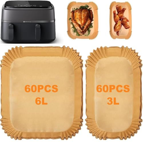 120 pezzi di carta da forno Airfryer per Philips Dual Basket Airfryer serie 3000 6L/3L, serie 5000 6L/3L, carta da forno rettangolare per friggitrice ad aria calda Philips NA350/00 NA550/00, accessori