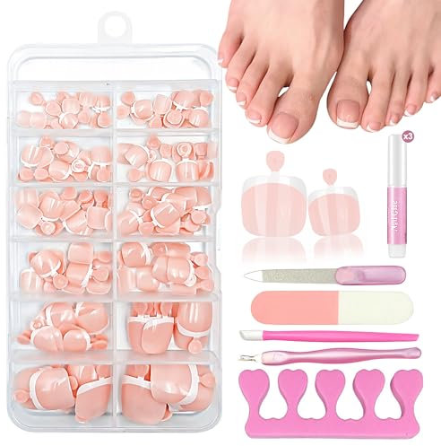 120 Stück Nude Falsche Fußnägel Kit - Französisch Natürliche Künstlich Zehennägel zum Aufkleben - Vollständige Abdeckung Falsche Zehennägel Set, Fake nails für Nail Art DIY (Nude French)