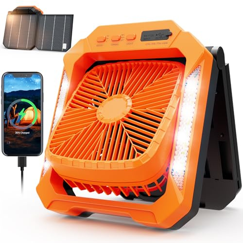 Lmozim Solar Ventilador de Camping con Panel Solar,20000mAh Ventilador USB Recargable Portatil con Pantalla LED Temporizador,3 Velocidades Ventilador a Bateria para Exterior (Naranja)