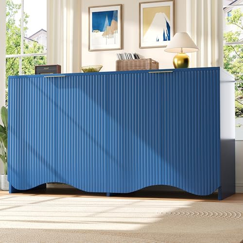 Merax Sideboard 140×40×85 cm, Esszimmer Wohnzimmer Aufbewahrungsschrank, buffetschrank mit Wellenmuster-Design, freistehender Schrank, Blau, mit verstellbaren Regalen und Anti-Kipp-Design