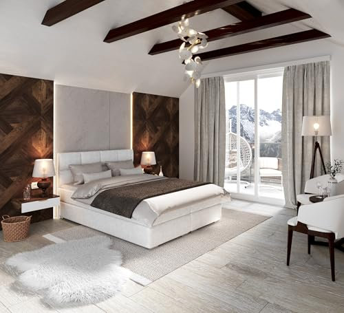 FDM Boxspringbett Polsterbett Stauraumbett Springbett mit Bettkasten 140x200, 160x200, 180x200cm hochwertigem Velours - mit gepolsterten Kopfteil (Trinity-Weiß, 180x200)