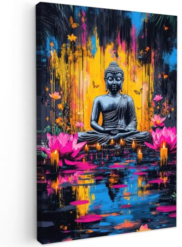 MuchoWow© Bilder Groß 80x120 cm XXL Wohnzimmer Deko Modern Wandbild Kunstdruck auf Leinwand Bild Schlafzimmer über Bett Room Decor Geschenke Buddha - Blumen - Kerzen - Gelb