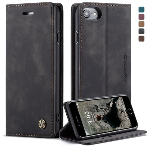 Ottcooed Handyhülle für iPhone SE 2022/2020, für iPhone 8 / iPhone 7 Hülle, Premium Leder Flip Case, Magnet Klappbar Klapphülle Tasche, Standfunktion Kartenfach Wallet Schutzhülle, Schwarz