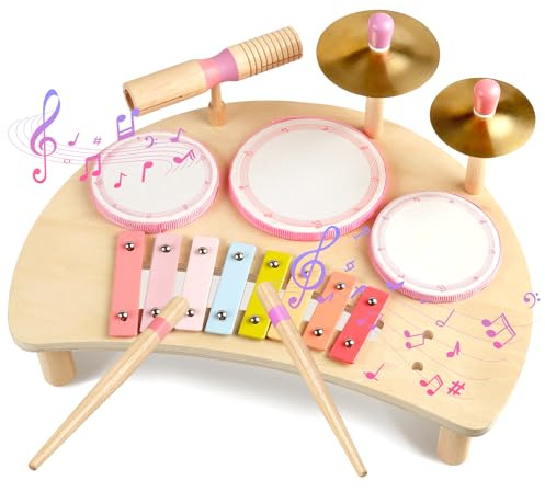Holztrommelset - Montessori-Musikinstrumente für Kleinkinder, Schlagzeug-Set aus Holz mit Xylophon, Musikspielzeug für Vorschulkinder, pädagogisches Geburtstagsgeschenk für Jungen und Mädchen (Rosa)