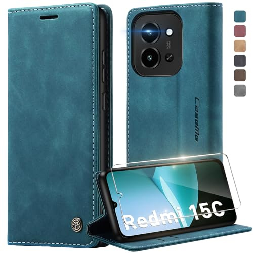 Deisyzy Lederhülle für Xiaomi Redmi 15C Hülle Blau | mit Panzerglas [Kartenfach] [Ständer] PU Leder Schutzhülle Magnet Klappbar Klapphülle Flip Case für Xiaomi Redmi 15C