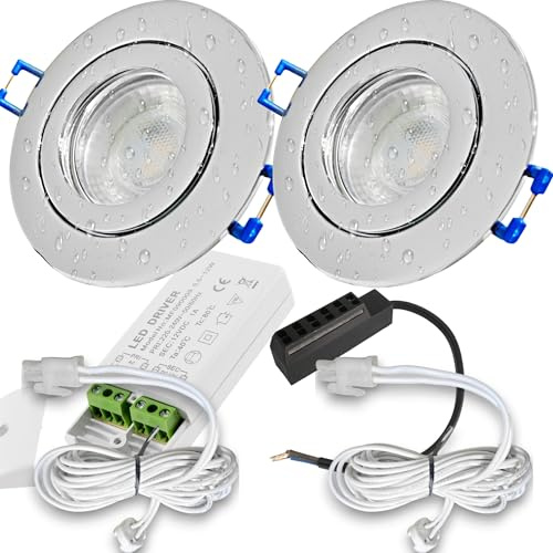 LED Einbauspots 12 V IP44 – 2er-Set in Chrom mit Trafo & AMP-Verteiler, je Spot mit 120 cm Zuleitung – 3 W Leistung, 250 lm Lichtstrom, 4000 K Neutralweiß – geeignet für Bad, Küche und Feuchträume