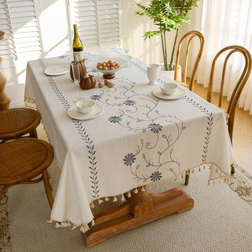 Tenger Home Tischdecke Leinen-Optik Tischhussen Tischtuch Hussen für Festzeltgarnituren mit schönem Fluss Wasserabweisend Tischwäsche Traditionelle Stickerei (Blaue Chrysantheme, 140 x 180 cm)