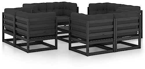 Ziaphsol 9-TLG. Garten-Lounge-Set, Massivholz Kiefer, Schwarz, Anthrazit Kissen, 70x70x67cm Ecksofa, Outdoor Möbel für Terrasse, Balkon, Garten