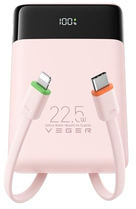 VEGER 10000mAh Powerbank con Cavi Integrati 22.5W Ricarica Rapida Portatile | Sottile Compatto USB C Power Bank LED Display con 4 Uscite e 3 Ingressi Compatibile con iPhone iPad Huawei Xiaomi Tablet-Rosa