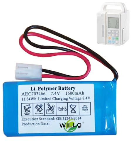 WILLQ Batterie de Remplacement LiPo 7,4 V 1600 mAh pour Pompe à Perfusion, 66 x 34 x 12 mm