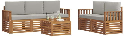 vidaXL Sofagarnituren 6 pcs Natürlich und Hellgrau Massivholz Akazie, Moderne Gartenmöbel, strapazierfähiges Outdoor-Sofa, Lounge-Set für die Terrasse, bequemes Sitzen draußen