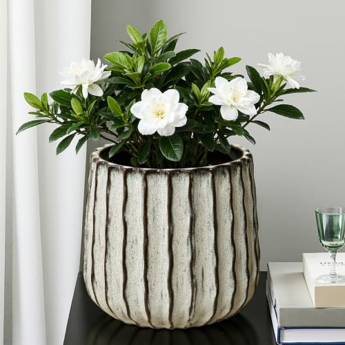 Hometopia Blumentopf Keramik Ø 23 cm x H 21,5cm, Gerippter Übertopf | Blumentöpfe mit Drainageloch-Gummistopfen für Zimmerpflanzen, Creme Verlaufsglasur Pflanztopf für Wohnzimmer Balkon Garten