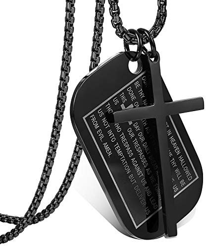 Cupimatch Collana Dog Tag Catena Acciaio Inossidabile Pendente Ciondolo Croce Bibbia(Inglese) Uomo Nero