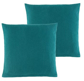 WOHNWOHL® Waffel Piqué Kissenhülle (45x45 cm / 2er Pack) • Kissenbezug aus 100% Baumwolle • Sofakissenbezug • Waffelpique Dekokissenhülle • Couchkissen Hülle • Farbe: Petrol