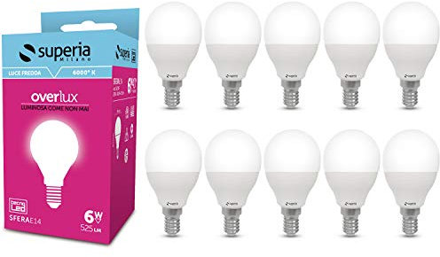 Superia Lampadina LED E14 Sfera, 6W (Equivalenti 40W), Luce Fredda 6000K RA80, Luminosa 525 lumen, copertura opale C37, Attacco Piccolo, Risparmio Energetico, Nessuno Sfarfallio, SE14F Pacco da 10