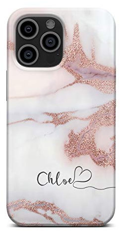 iCaseDesigner Personalised Marble Glitter Flowing Name with Heart Phone Case for Apple iPhone 11 Pro - 12. White Marble with Faux Rose Gold Sparkle Name